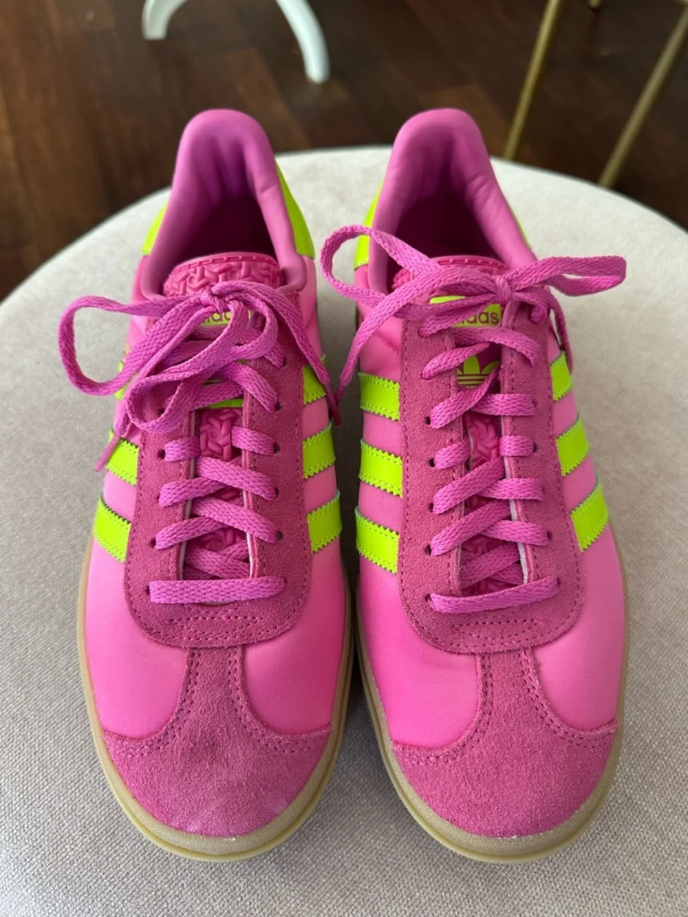 adidas Women’s Pink Sneakers with Neon Green Stripes - Picture 4 of 6